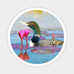 Yellow Billed Loon and Pink Lotus Flowers Magnet